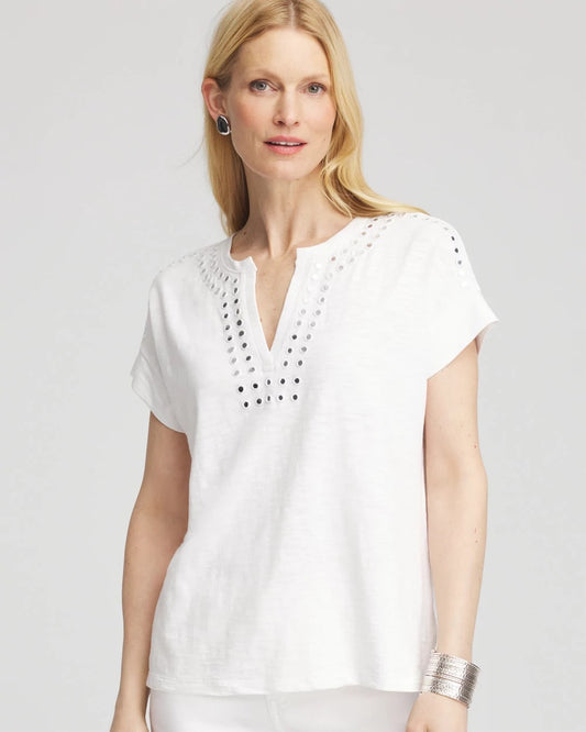 Chico's Women | Paillette Trim Cotton Slub Tee ALABASTER