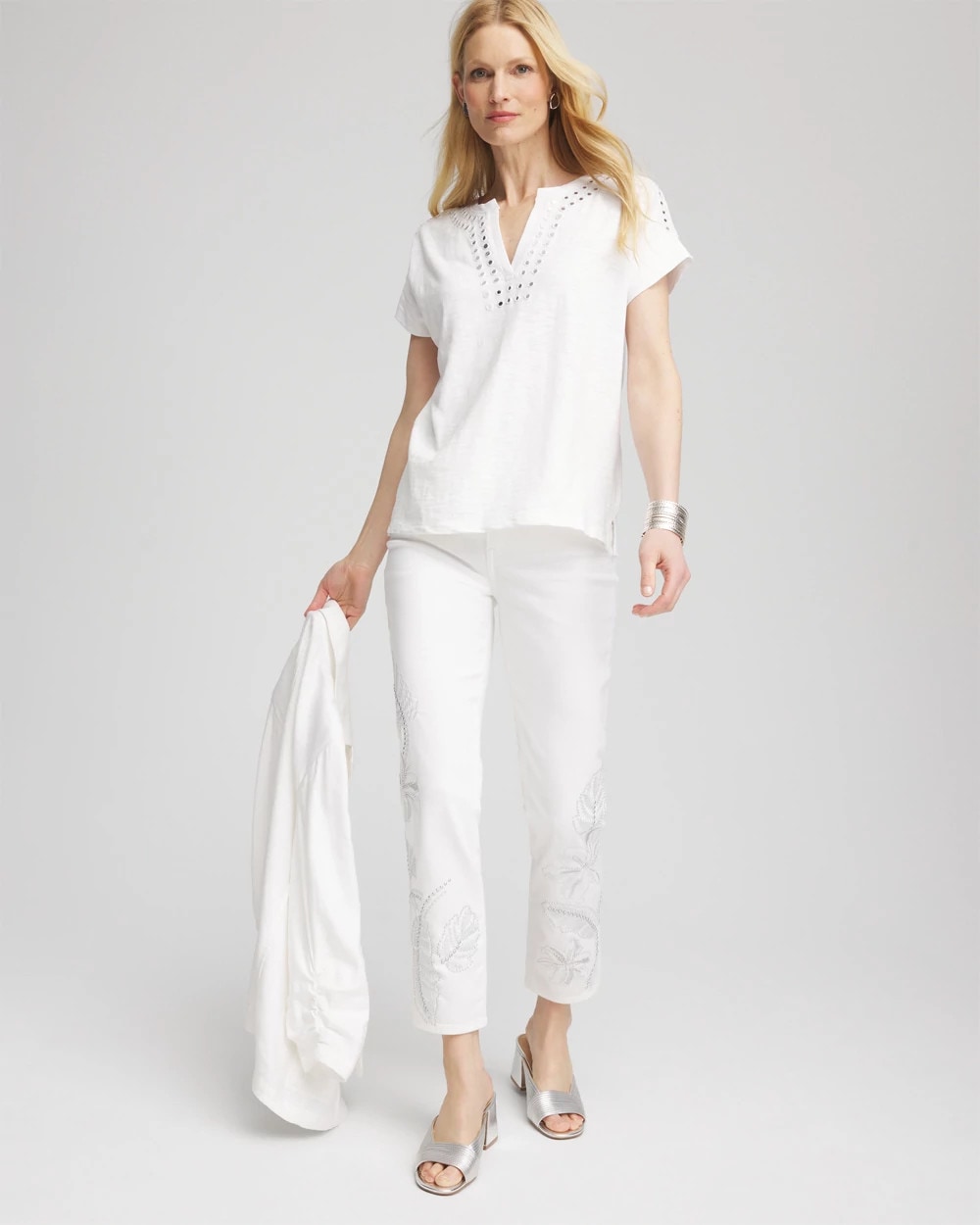 Chico's Women | Paillette Trim Cotton Slub Tee ALABASTER