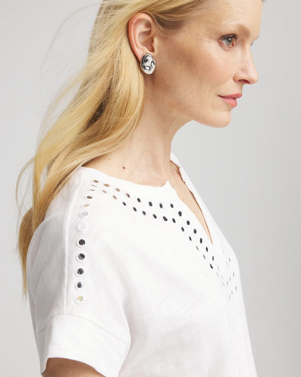 Chico's Women | Paillette Trim Cotton Slub Tee ALABASTER
