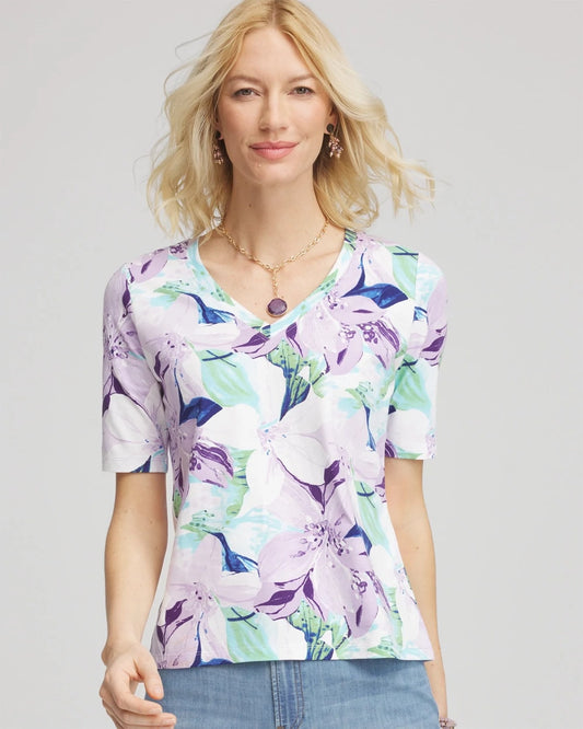 Chico's Women | Lily Print V-Neck Perfect Tee ALABASTER