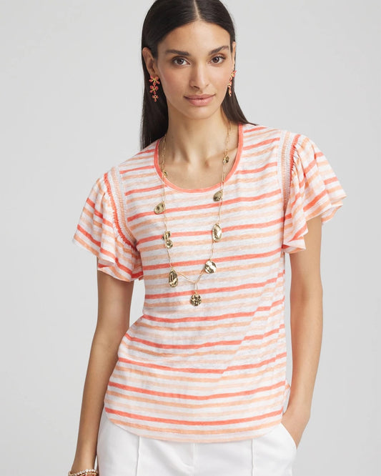 Chico's Women | Striped Linen Smocked Flutter-Sleeved Tee MELON MAMBO