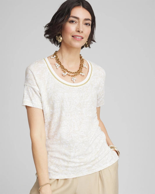 Chico's Women | Printed Sweater Trim Linen Tee RIVER ROCK