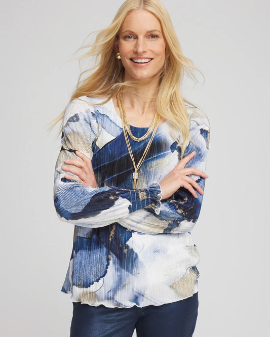 Chico's Women | Foil Ocean Print Crinkle Top ENGLISH CREAM