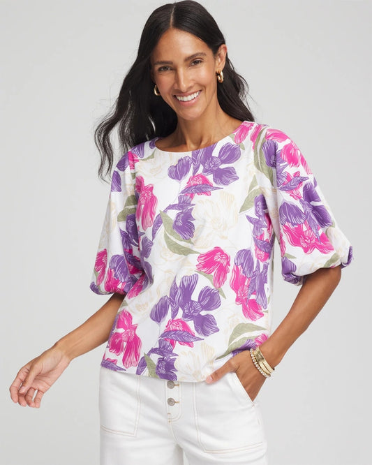 Chico's Women | Floral Bubble Sleeve Top ALABASTER