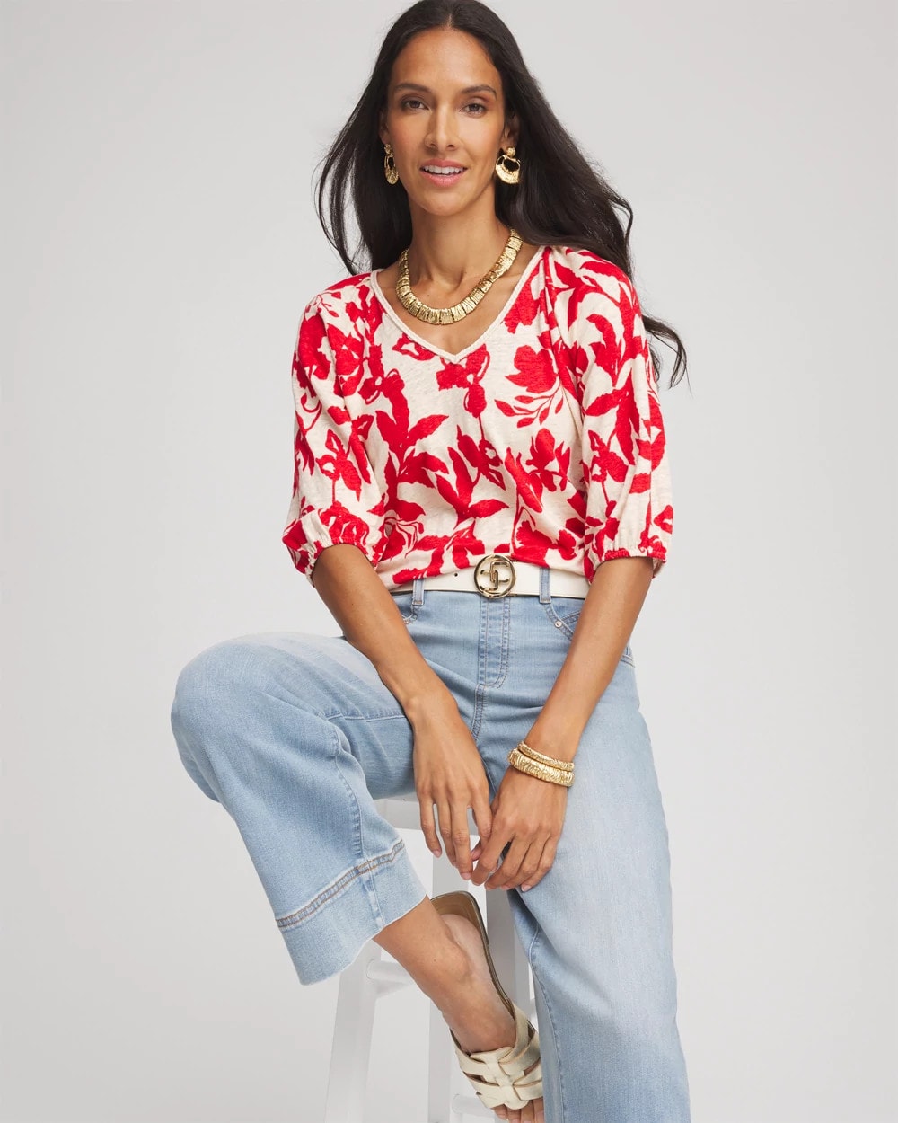 Chico's Women | Floral Braided Linen Top RED GLOW