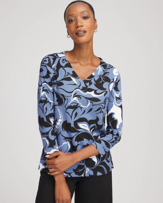 Chico's Women | Pima Cotton Floral 3/4 Sleeve Tee BLUE LOTUS