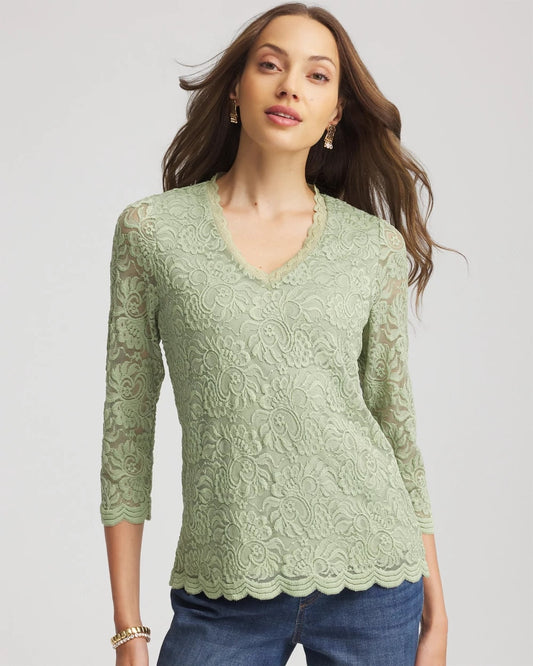 Chico's Women | Lace Scallop-Hem Knit Tee SAGE MEADOW