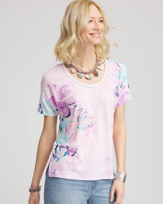 Chico's Women | Floral Sweater-Trim Linen Tee GENTLE LAVENDER
