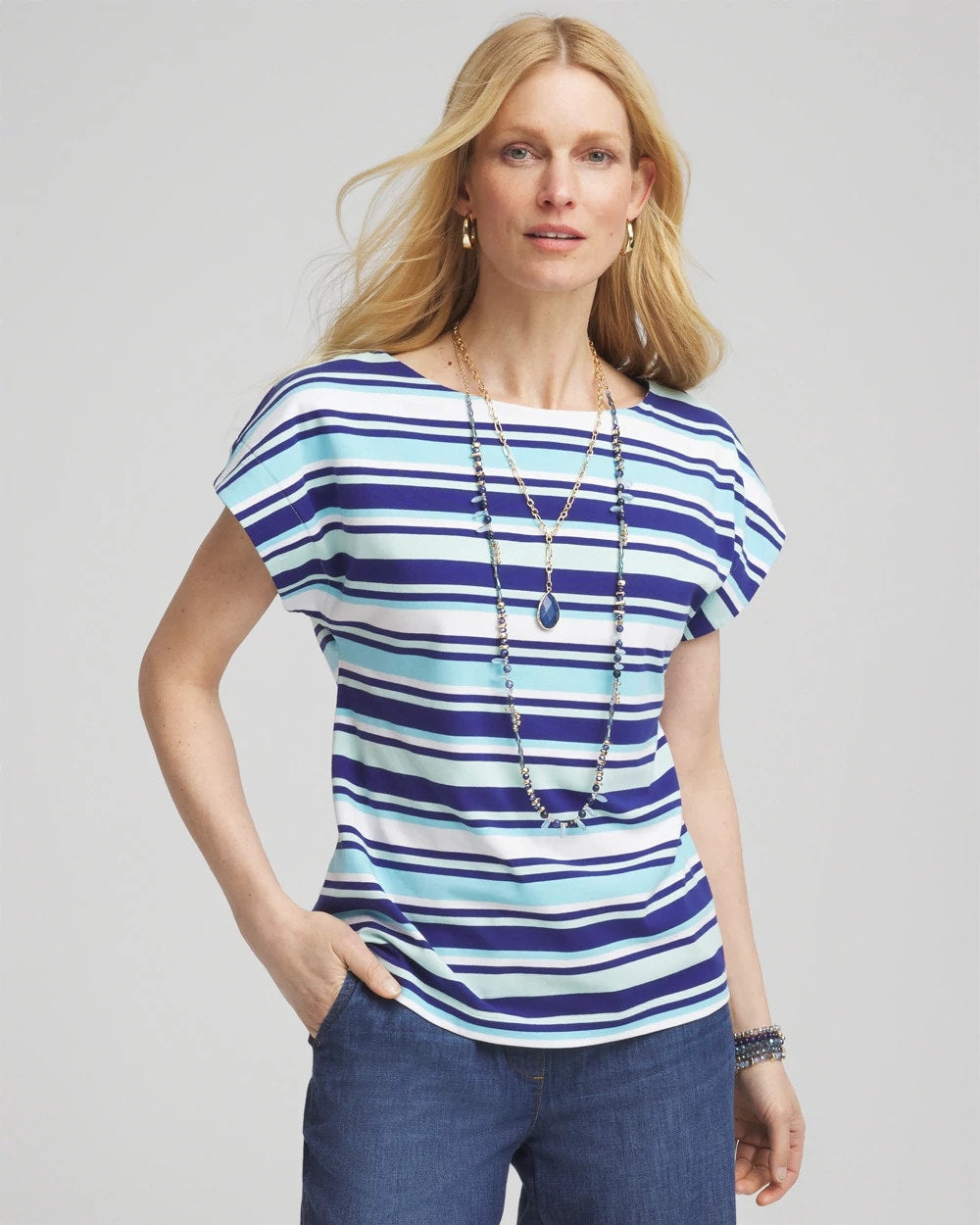 Chico's Women | Stripe Modern Cap Sleeve Tee PARADISO BLUE