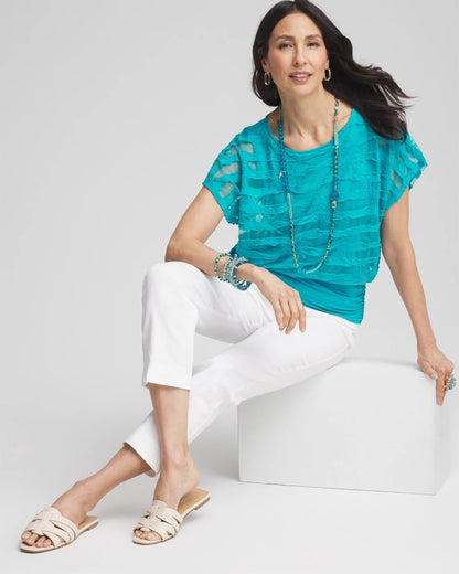 Chico's Women | Embroidered Striped Banded Bottom Top SEASPRAY