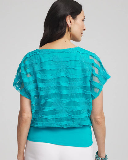 Chico's Women | Embroidered Striped Banded Bottom Top SEASPRAY
