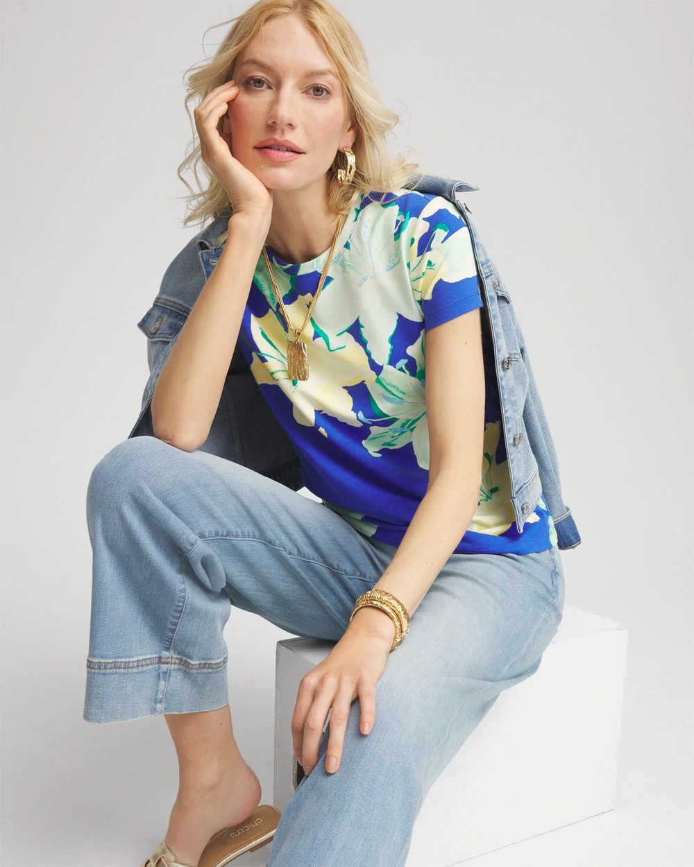 Chico's Women | Floral Crewneck Perfect Tee RICH COBALT