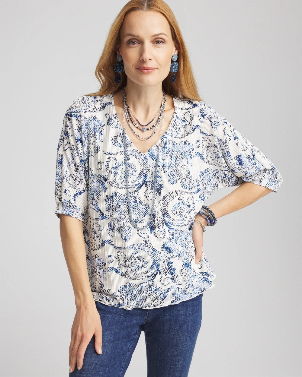 Chico's Women | Snakeskin Print Crinkle Elbow Sleeve Tee ENGLISH CREAM