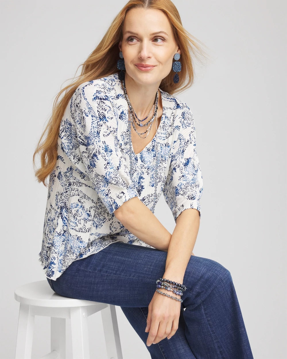 Chico's Women | Snakeskin Print Crinkle Elbow Sleeve Tee ENGLISH CREAM