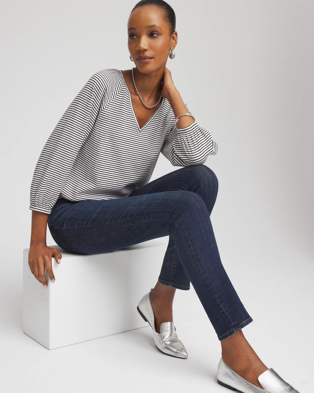 Chico's Women | Striped Crinkled Raglan Top ALABASTER