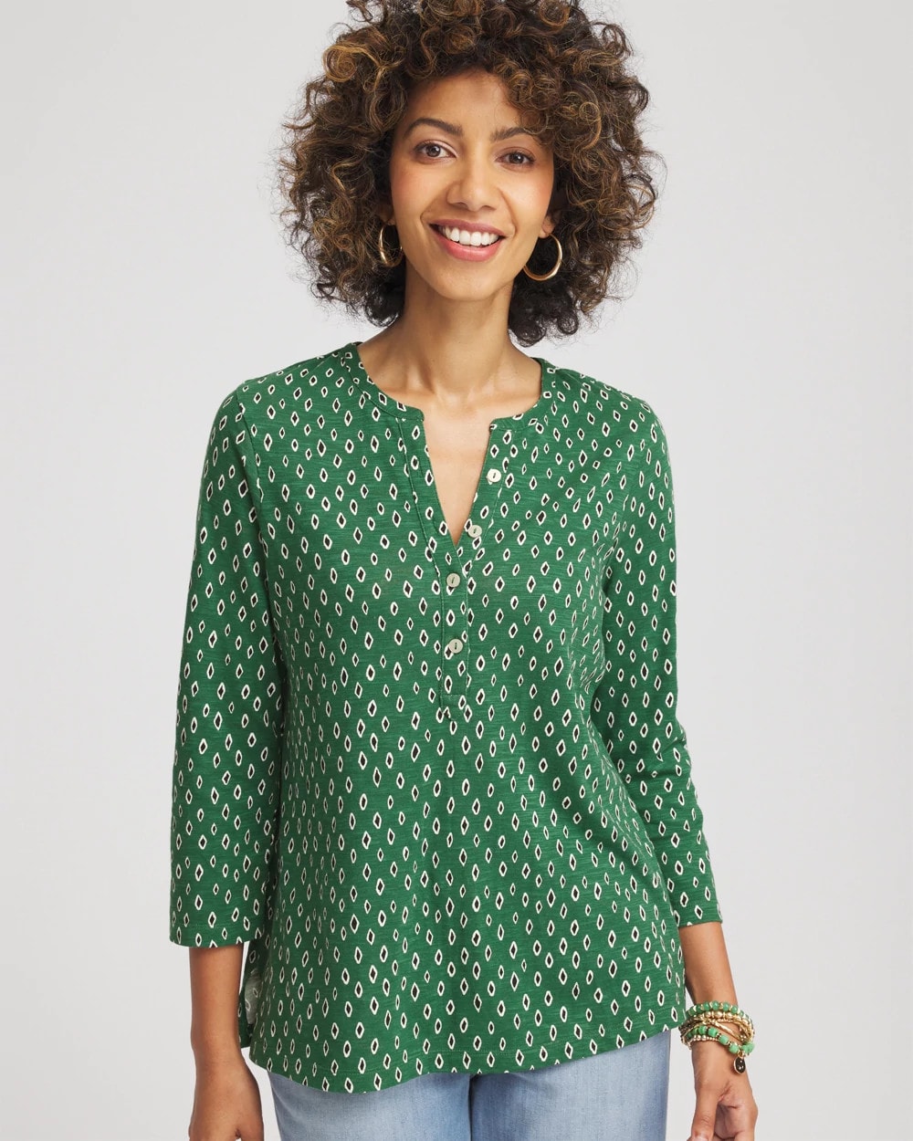 Chico's Women | Geo Cotton Slub Henley Shirt PALM LEAF