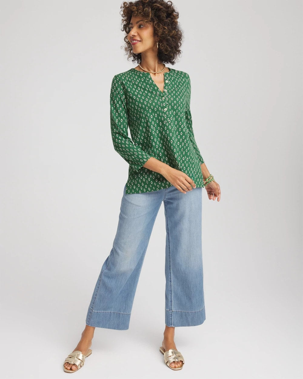 Chico's Women | Geo Cotton Slub Henley Shirt PALM LEAF