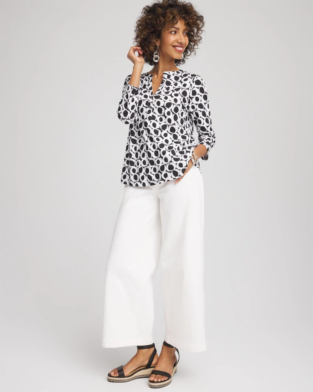 Chico's Women | Printed Cotton Slub Henley Shirt BLACK