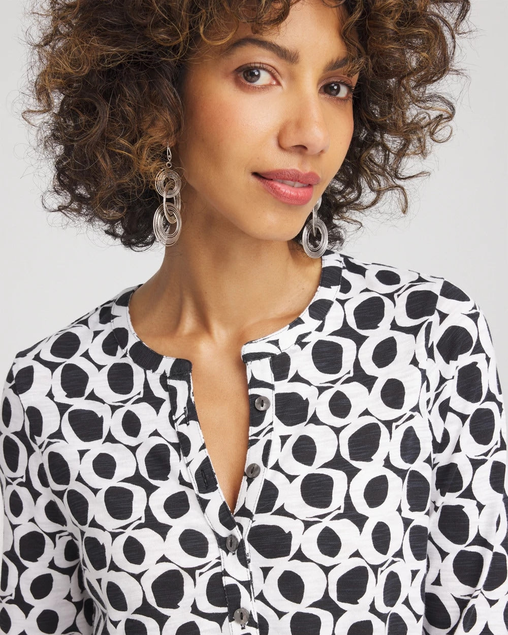 Chico's Women | Printed Cotton Slub Henley Shirt BLACK