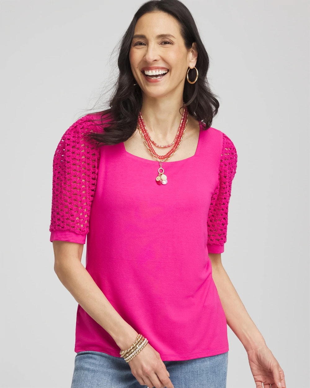 Chico's Women | Touch of Cool™ Crochet Lace Square-Neck Tee CRUSHED BERRIES