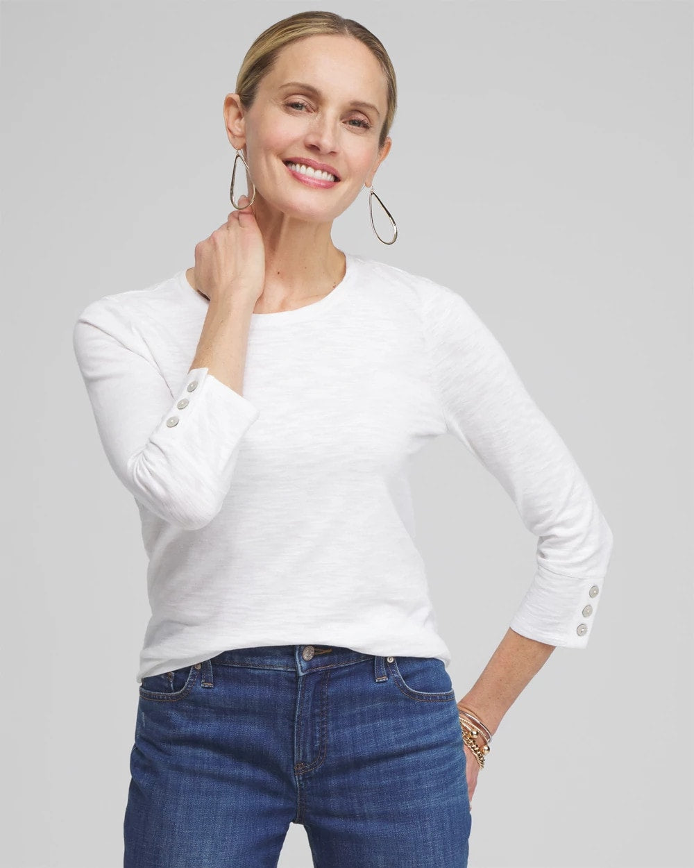 Chico's Women | 3/4 Sleeve Button Tee ALABASTER