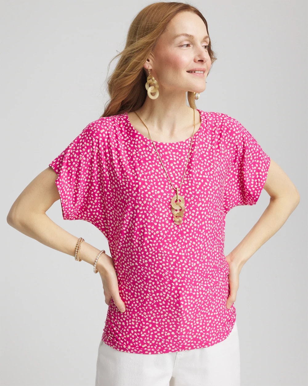 Chico's Women | Touch of Cool™ Cheetah Ruched Banded Hem Top CRUSHED BERRIES