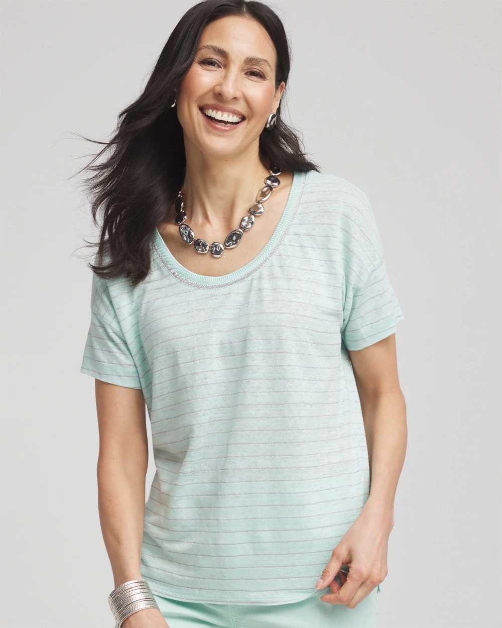 Chico's Women | Striped Sweater-Trim Linen Tee TEAL WATERS
