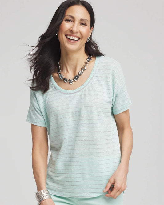 Chico's Women | Striped Sweater-Trim Linen Tee TEAL WATERS