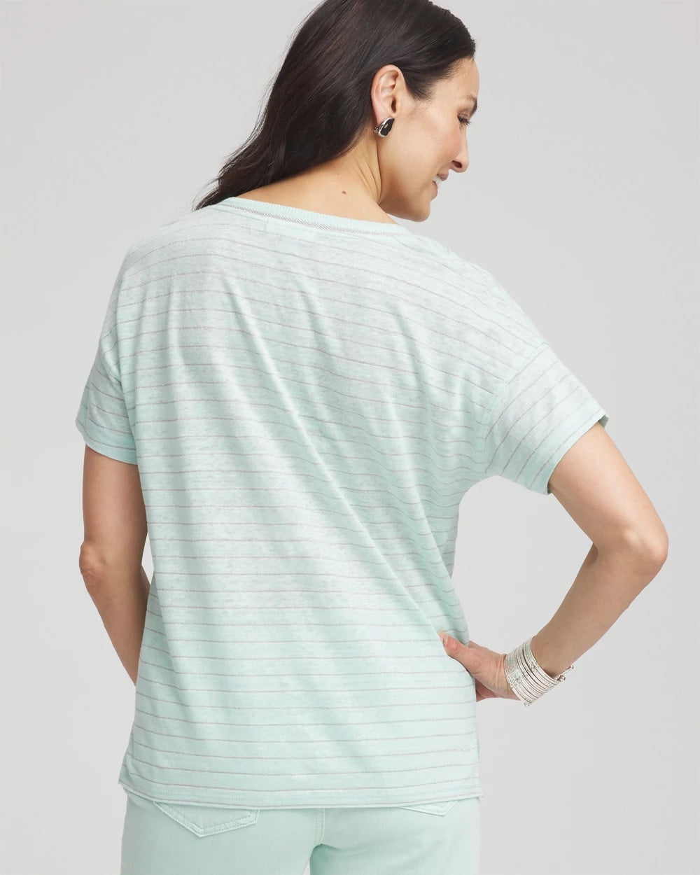 Chico's Women | Striped Sweater-Trim Linen Tee TEAL WATERS