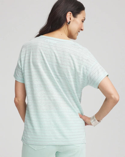 Chico's Women | Striped Sweater-Trim Linen Tee TEAL WATERS