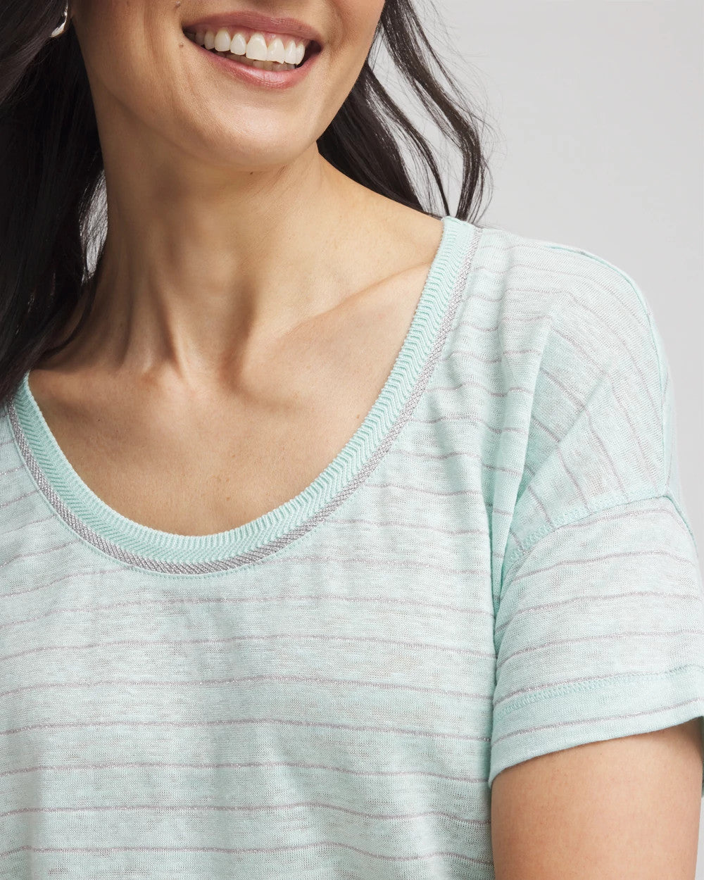 Chico's Women | Striped Sweater-Trim Linen Tee TEAL WATERS