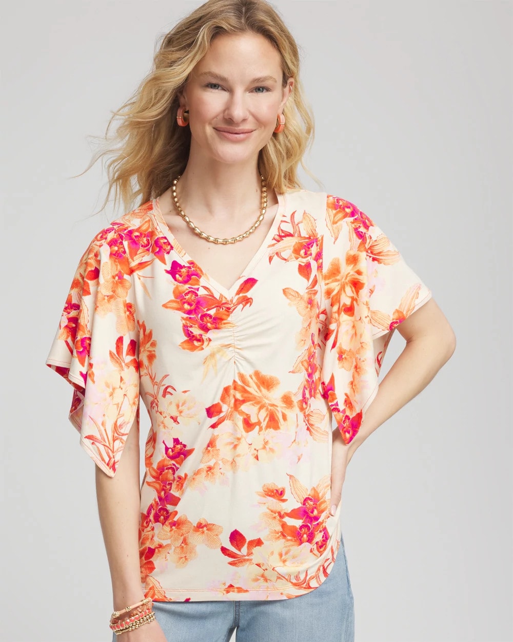Chico's Women | Touch of Cool™ Handkerchief-Sleeve V-Neck Tee SUNSET PEACH