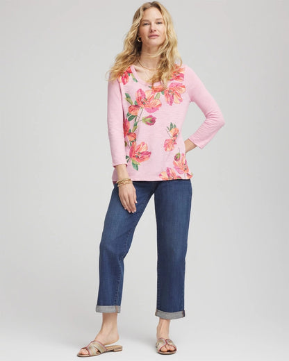 Chico's Women | Floral 3/4 Sleeve Tee ROSE SHADOW
