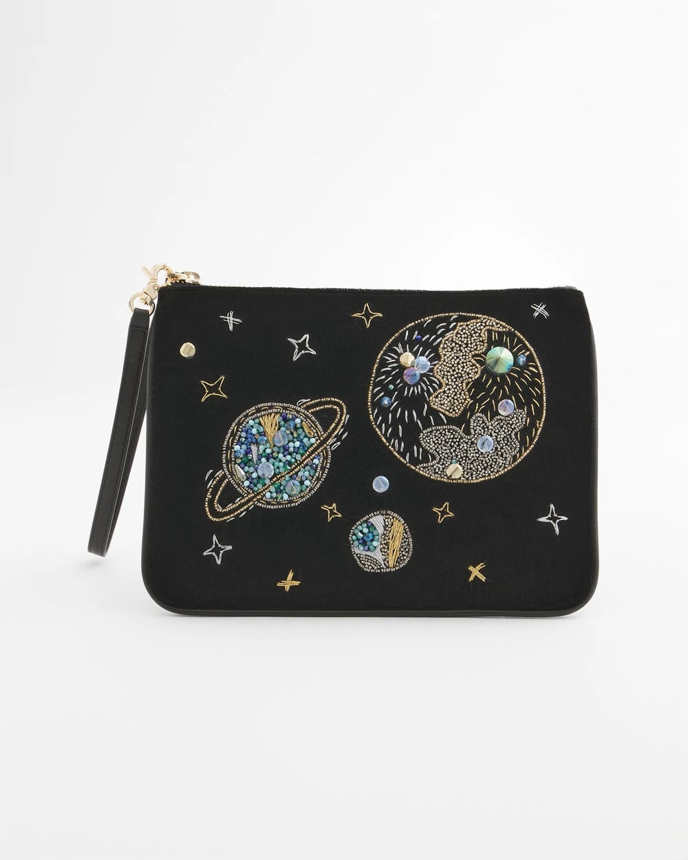 Chico's Women | Planets & Stars Velvet Pouch Wristlet BLACK