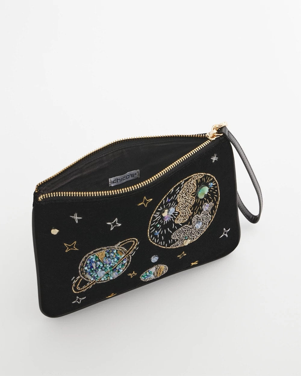 Chico's Women | Planets & Stars Velvet Pouch Wristlet BLACK