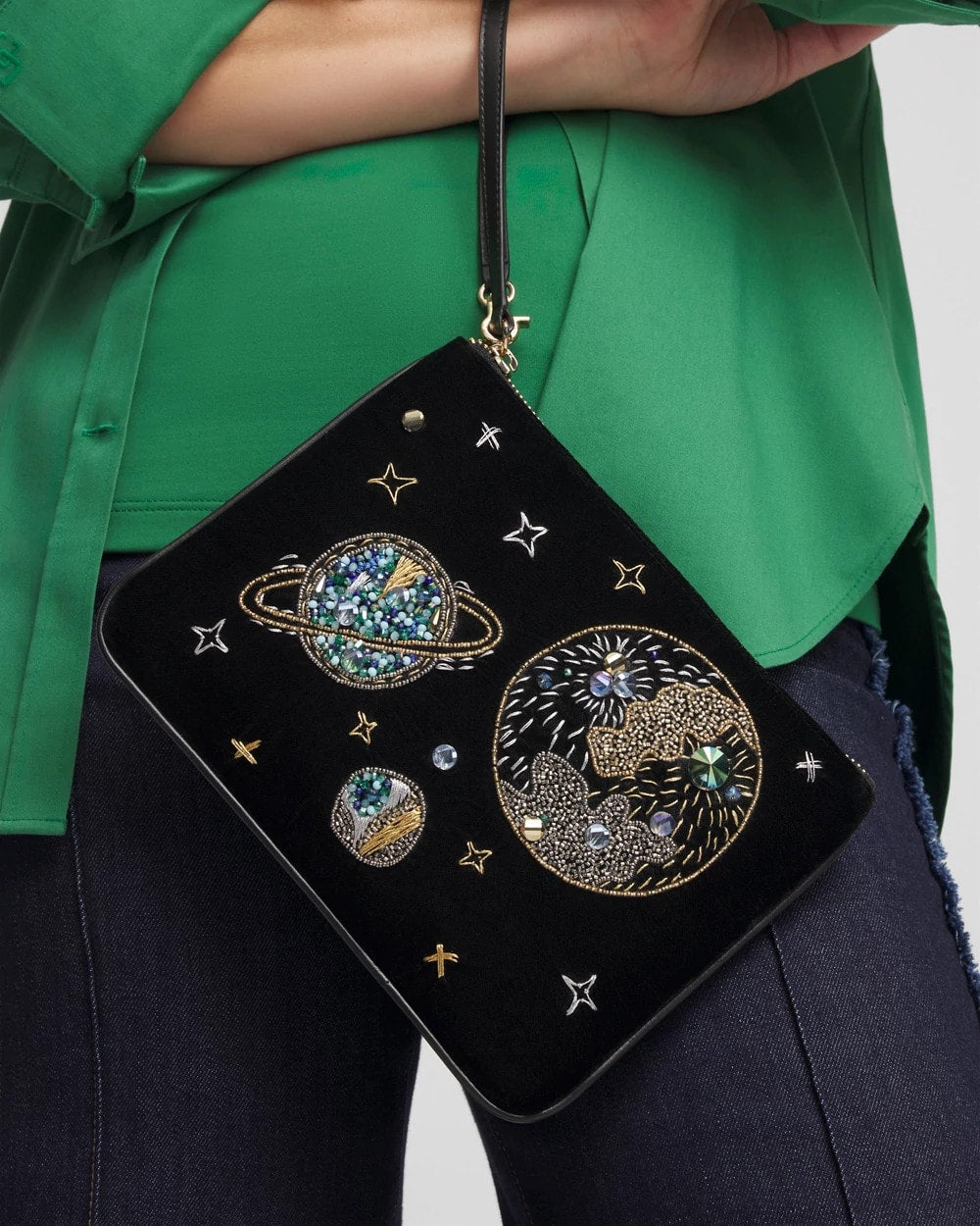 Chico's Women | Planets & Stars Velvet Pouch Wristlet BLACK