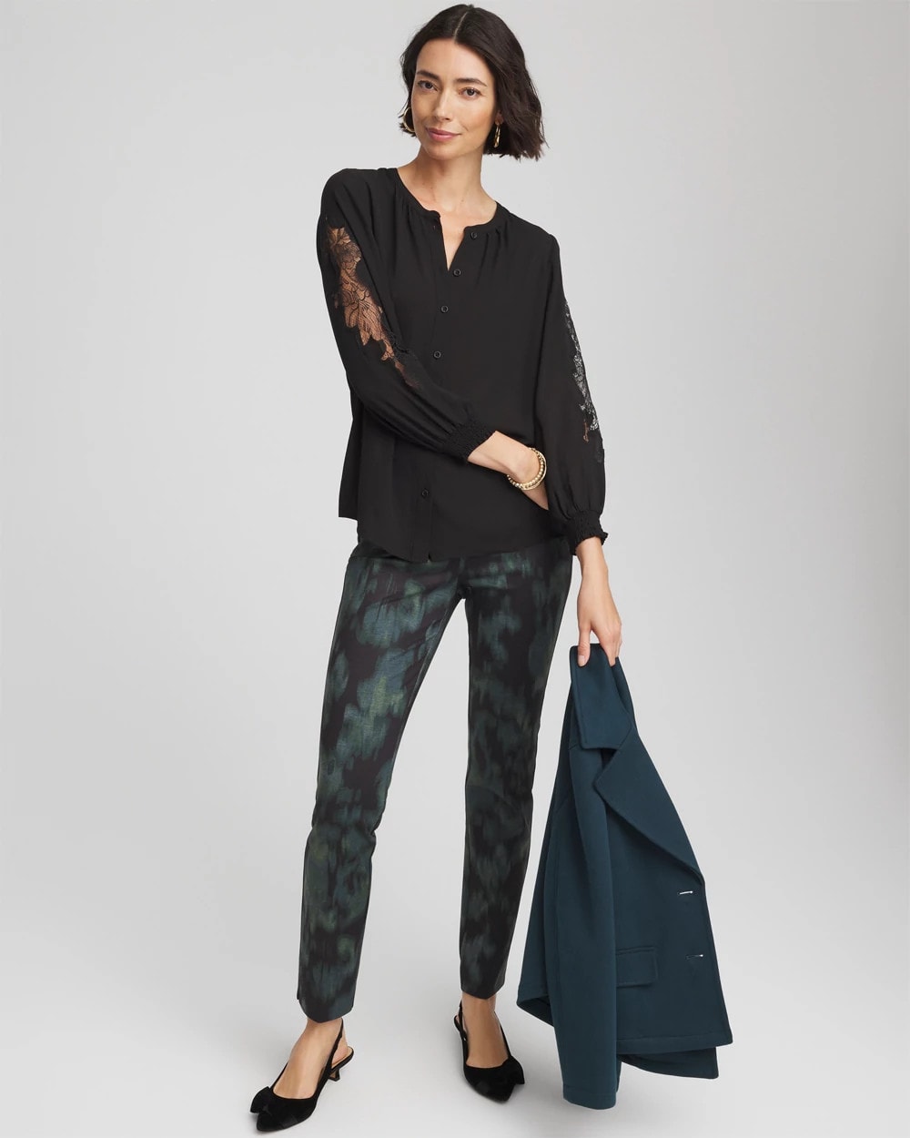 Chico's Women | Crepe Banded Collar Blouse BLACK