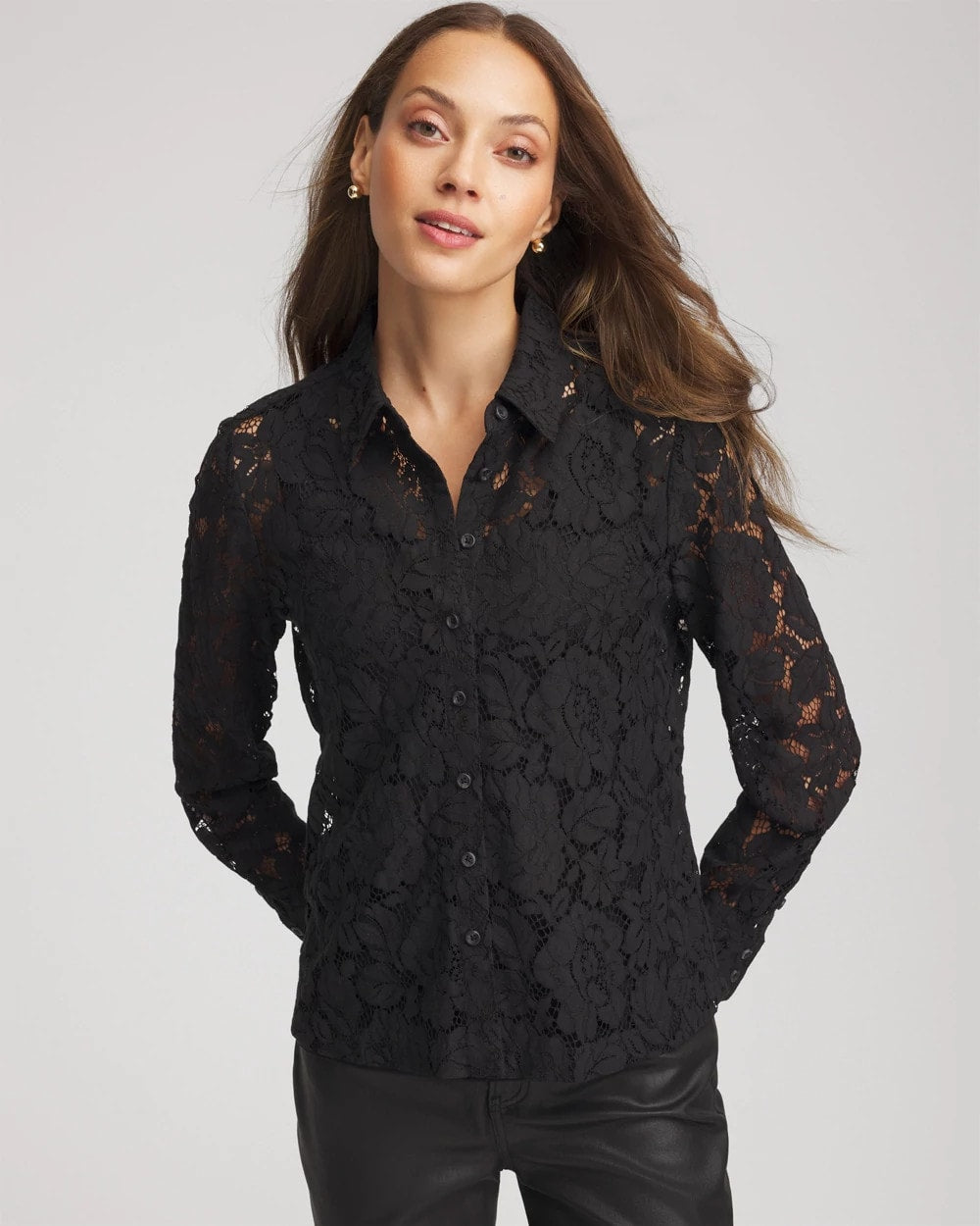 Chico's Women | Classic-Fit Collared Lace Shirt BLACK