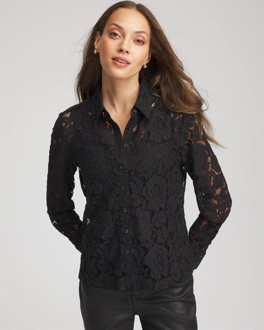 Chico's Women | Classic-Fit Collared Lace Shirt BLACK