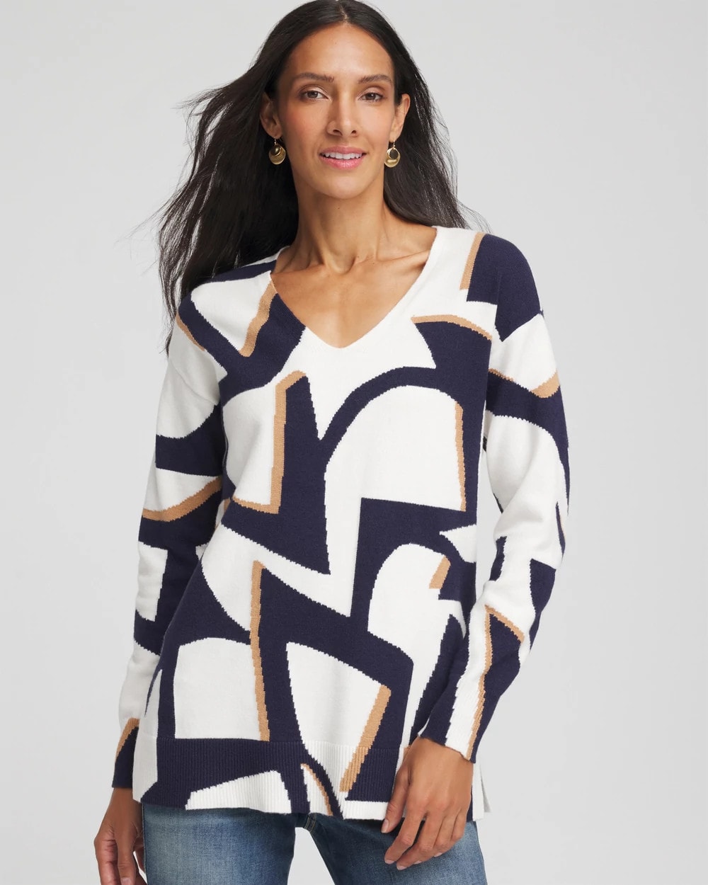 Chico's Women | Geo Intarsia V-Neck Tunic PASSPORT BLUE