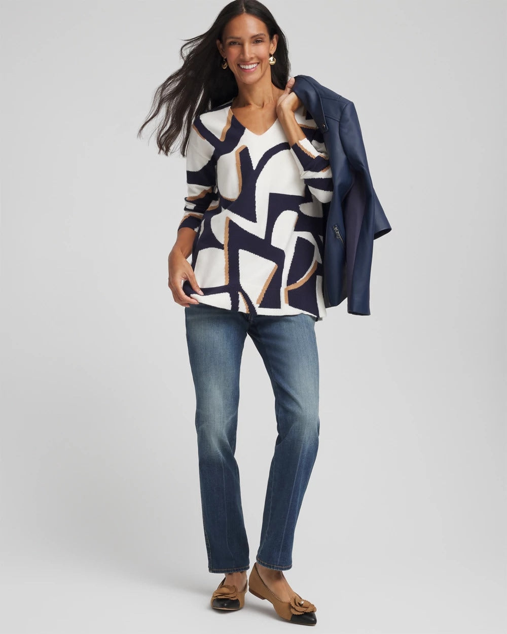 Chico's Women | Geo Intarsia V-Neck Tunic PASSPORT BLUE