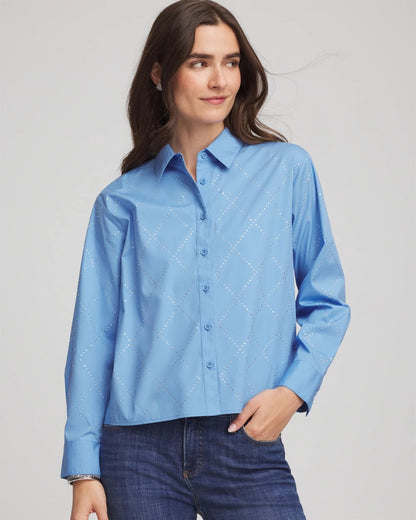 Chico's Women | Embellished Stretch Cotton Collared Shirt TIDAL BLUE