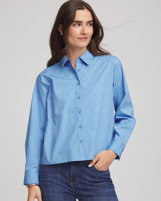 Chico's Women | Embellished Stretch Cotton Collared Shirt TIDAL BLUE
