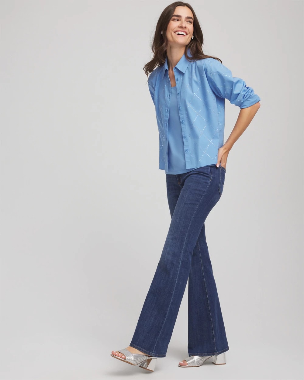 Chico's Women | Embellished Stretch Cotton Collared Shirt TIDAL BLUE