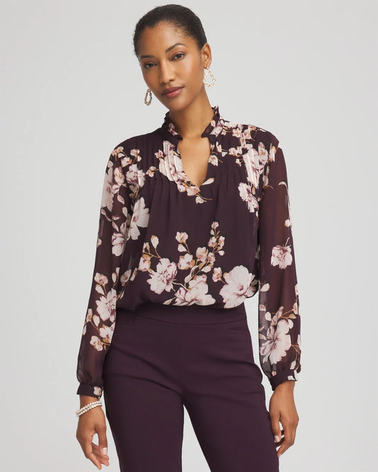 Chico's Women | Frosty Floral Ruffleneck Blouse NIGHT BLOOM