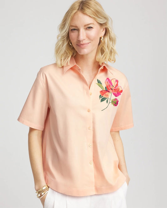 Chico's Women | No Iron™ Embroidered Floral Short-Sleeve Shirt SUNSET PEACH