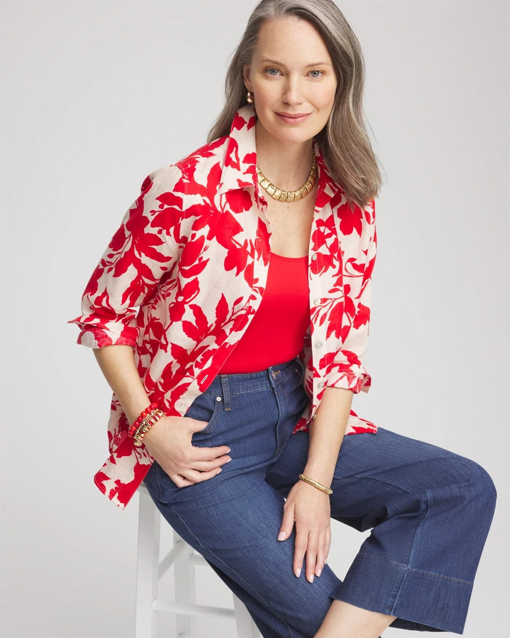 Chico's Women | No Iron™ Floral Linen Shirt RED GLOW