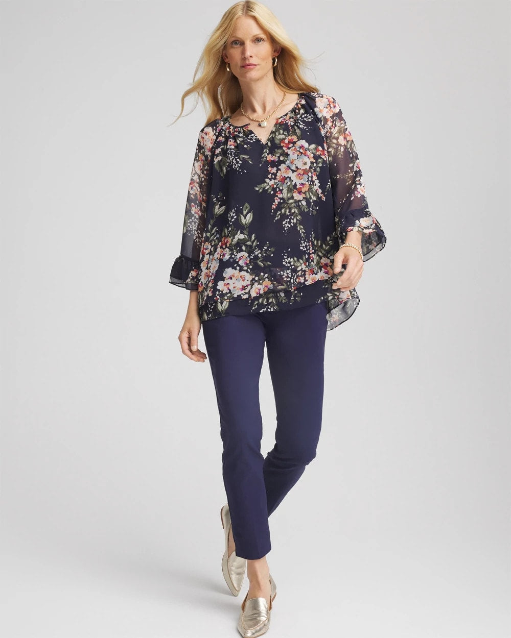 Chico's Women | Floral Georgette Blouse PASSPORT BLUE