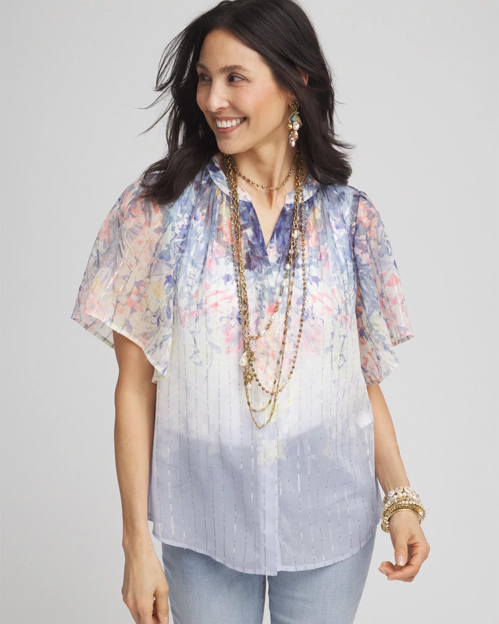 Chico's Women | Jacquard Flutter-Sleeve Blouse BLUE PEARL