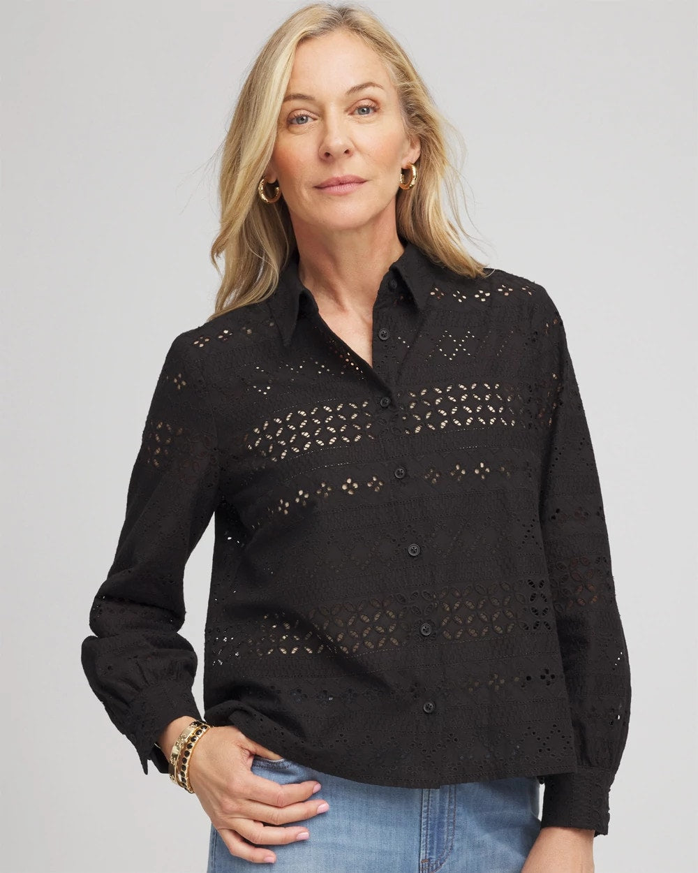 Chico's Women | Embroidered Eyelet Collared Shirt BLACK